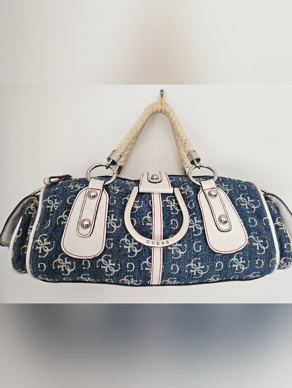 GUESS Denim-Print Shoulder Bag in Blue & White